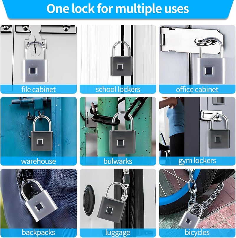 KENRONE Keyless Portable USB Charging Fingerprint Lock,Smart Padlock Quick Unlock Waterproof and Rustproof,Smart Lock for Warehouses, Gym, Schools, Homes, Office Cabinets (Black) - Image 2